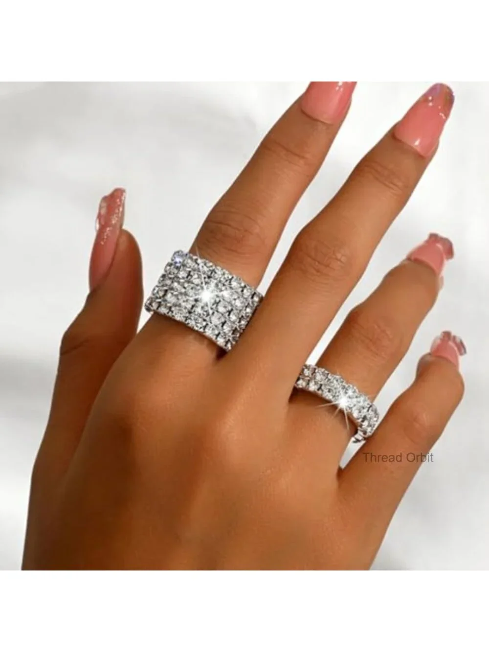 2Pcs Rhinestone Knuckle Ring Set Elastic Stretchy Stack Statement Finger Jewelry